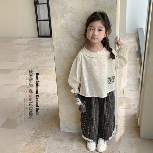 2025新款 套装 森系儿童娃娃衫 秋季 两件套 女童秋装 女孩花边长裤 衬衫