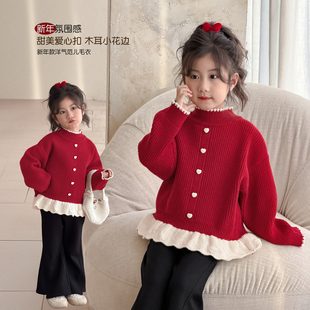 女童新年氛围感红色加厚毛衣2026新款儿童女宝宝马年喜庆针织上衣