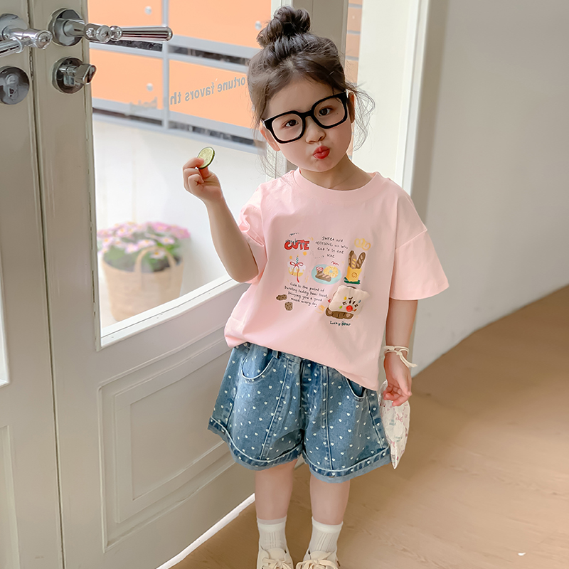 女童短袖T恤2025新款夏装儿童卡通五分袖夏季上衣甜美半袖打底衫