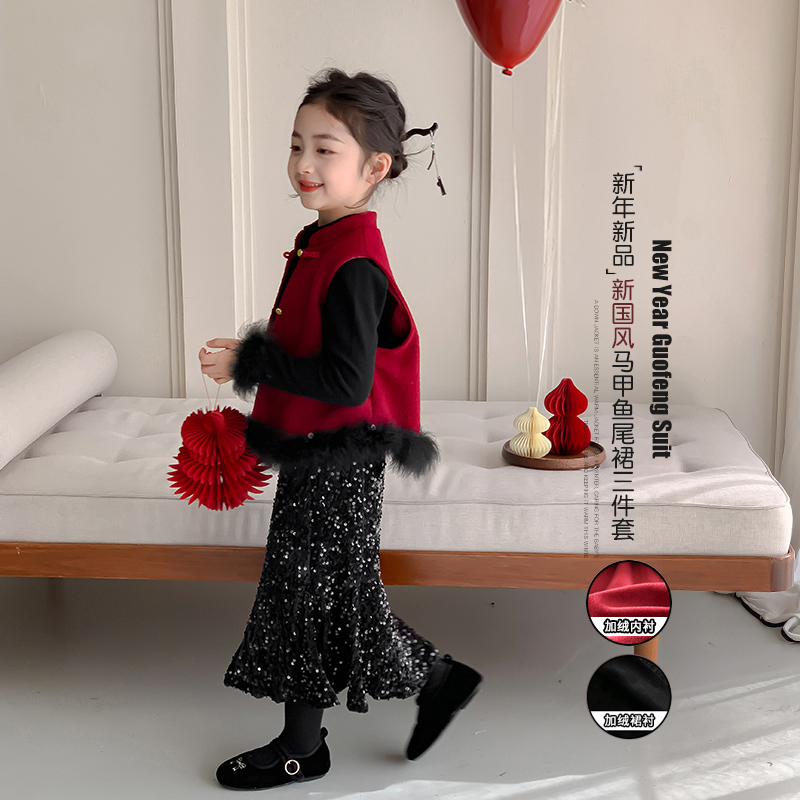 女童拜年服冬装红色马甲过年衣服