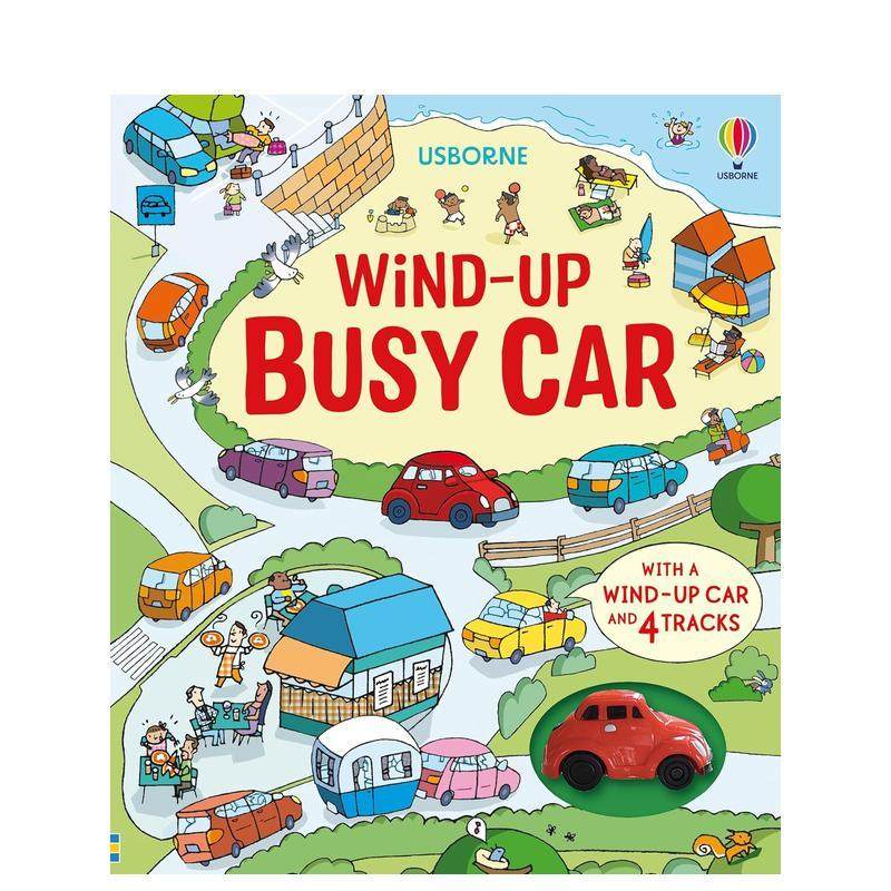 【现货】【扭动发条玩具书】繁忙的小车 【Wind-Up】Busy Car 大开本纸板 含小汽车及4条轨道槽 英文进口原版儿童趣味图书Fiona W