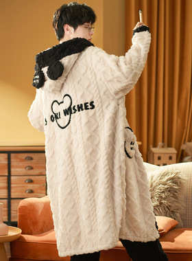 睡衣男秋冬季加厚绒珊瑚绒可爱卡通可外穿法兰绒睡袍睡裤两件套装