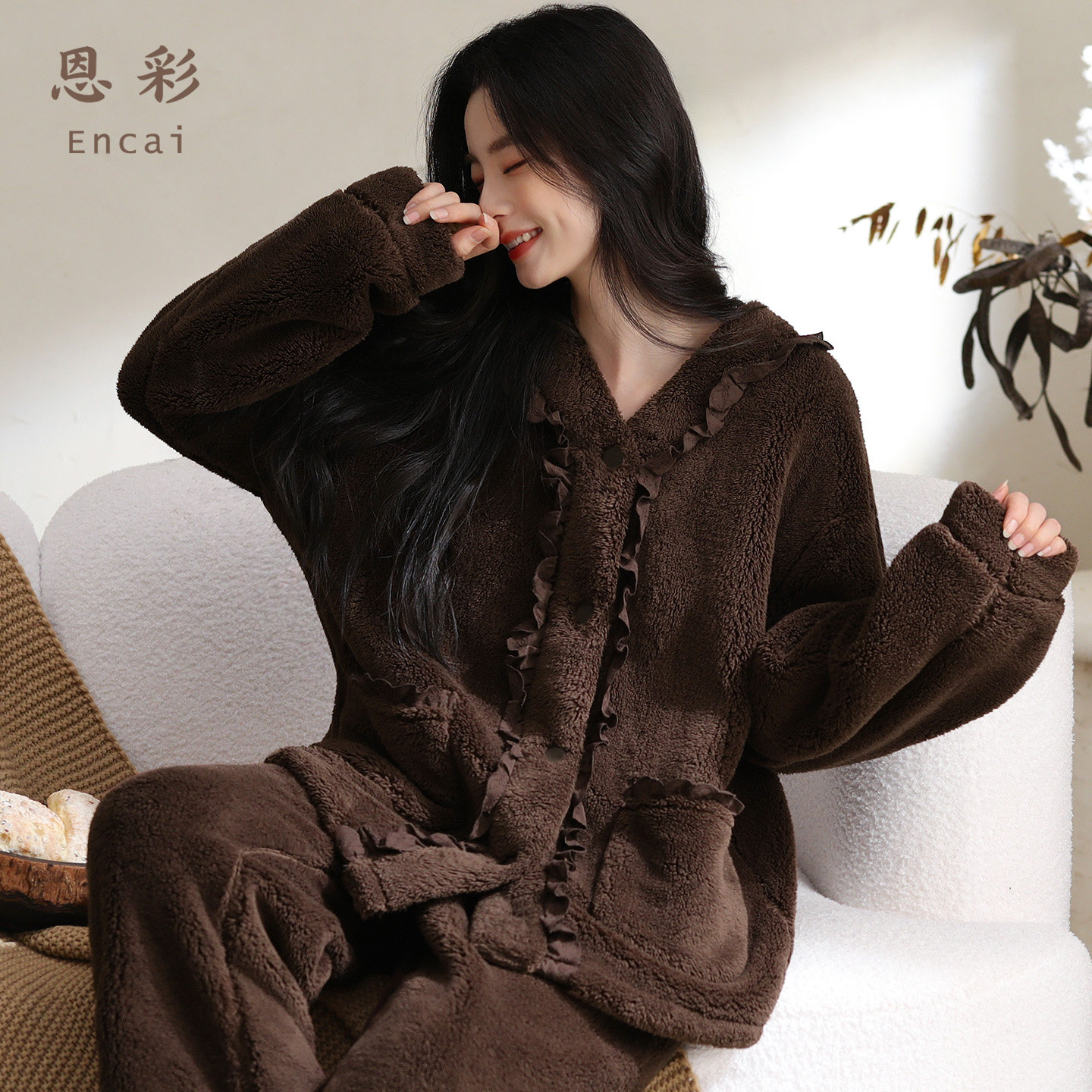 新品花边高级感睡衣女秋冬珊瑚绒家居服法兰绒加厚大码加绒可外穿