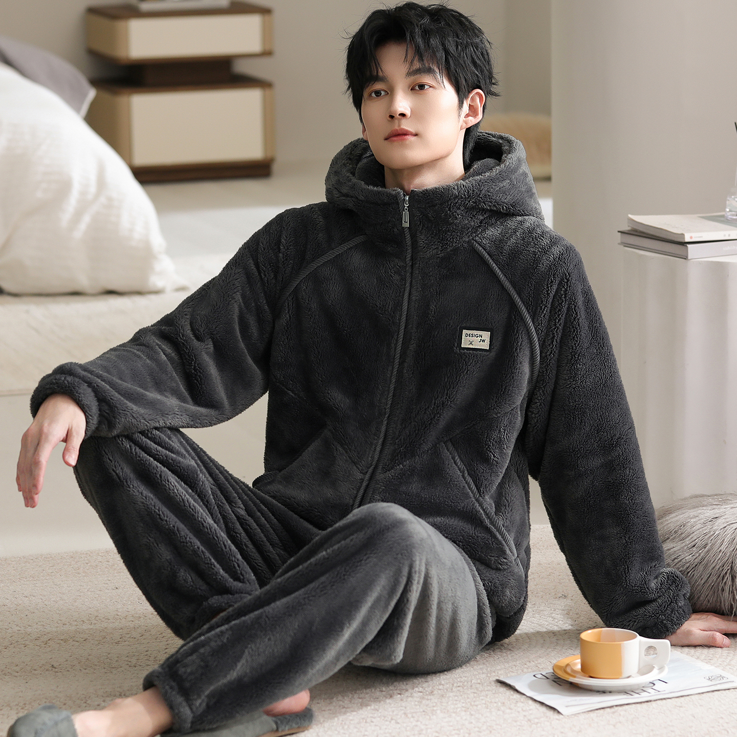 睡衣男秋冬加厚加绒法兰绒套装珊瑚绒家居服开衫拉链大码保暖冬装