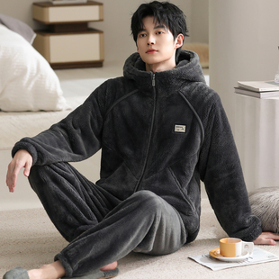 睡衣男秋冬加厚加绒法兰绒套装珊瑚绒家居服开衫拉链大码保暖冬装