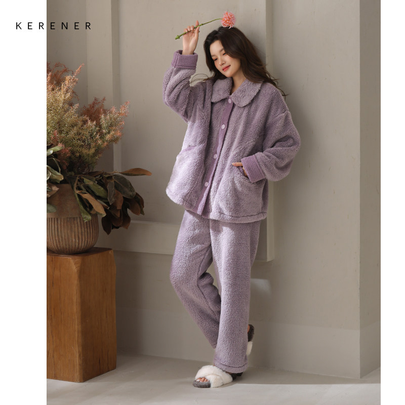 加厚睡衣女秋冬新款可外穿珊瑚绒加绒套装高克重保暖家居服套装