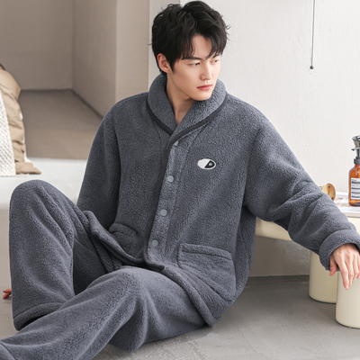 睡衣男秋冬加厚加绒法兰绒套装珊瑚绒家居服开衫休闲大码保暖冬装