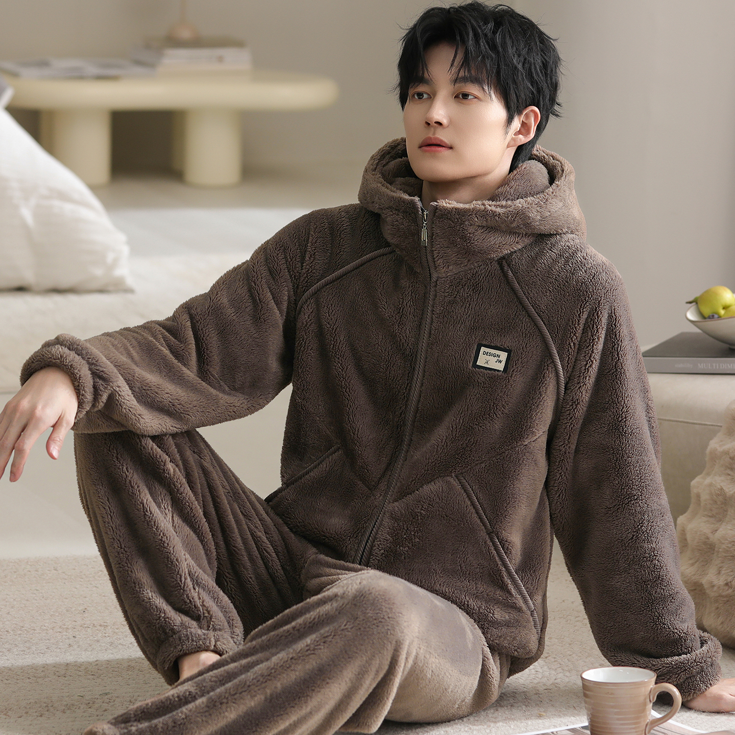 睡衣男秋冬加厚加绒法兰绒套装珊瑚绒家居服开衫拉链大码保暖冬装