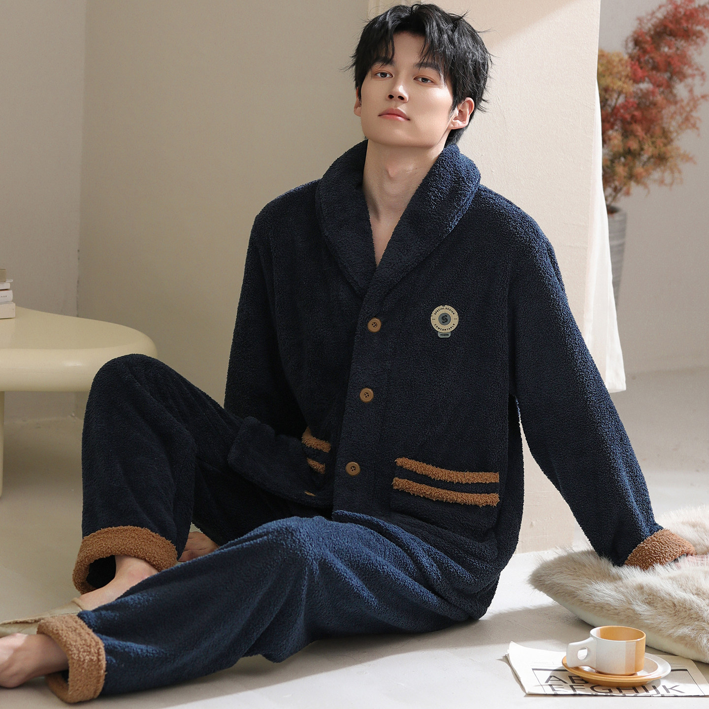 睡衣男秋冬加厚加绒法兰绒套装珊瑚绒家居服开衫拉链大码保暖冬装