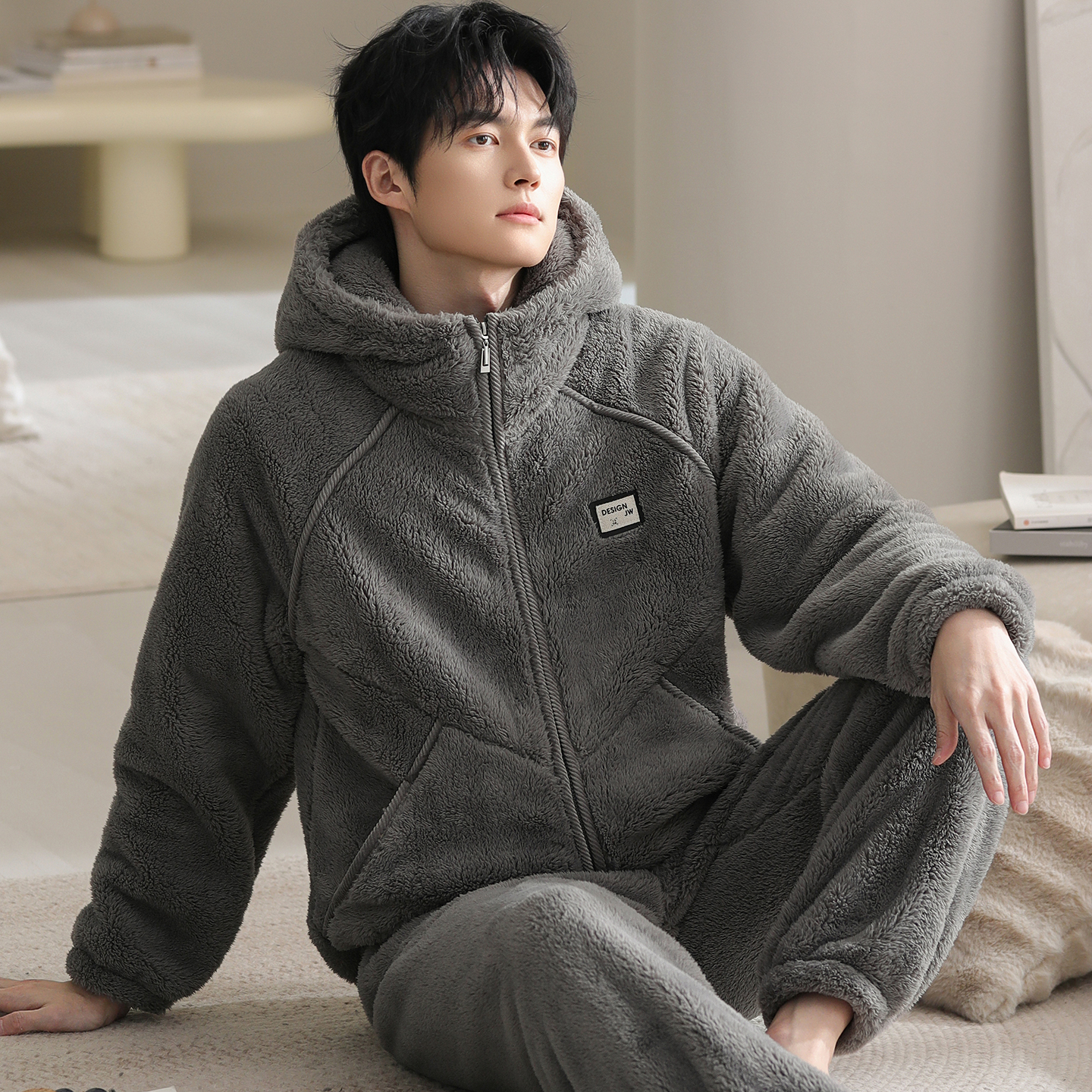睡衣男秋冬加厚加绒法兰绒套装珊瑚绒家居服开衫拉链大码保暖冬装