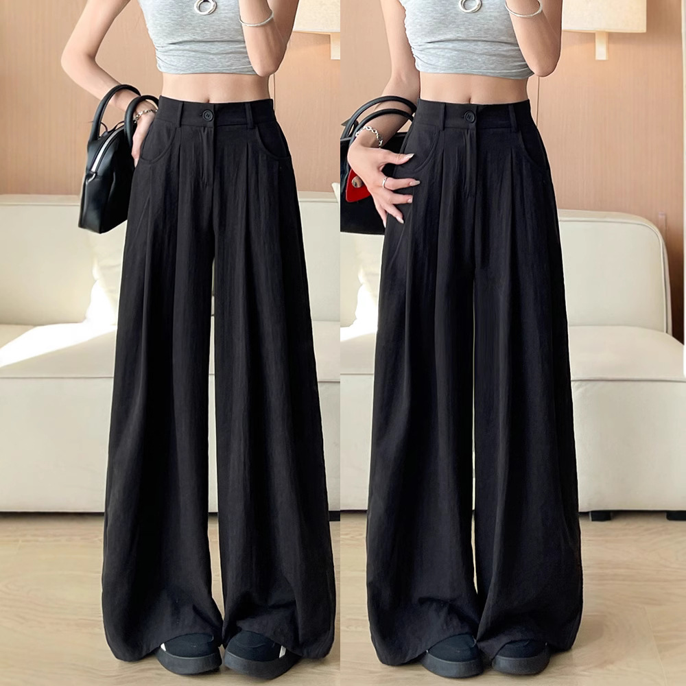 黑色奶芙西装阔腿裤女新款夏季高腰显瘦宽松休闲冰丝夏天长裤