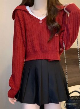 秋冬氛围感红色高腰短款毛衣秋冬日系软妹宽松新款长袖针织衫