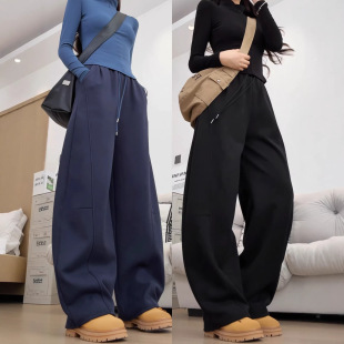 高腰胖mm宽松休闲香蕉阔腿裤 黑色弯刀运动裤 大码 新款 子 女春季