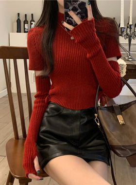 本命年红色新年毛衣女秋冬季设计感抽绳打底针织衫配袖套短款上衣