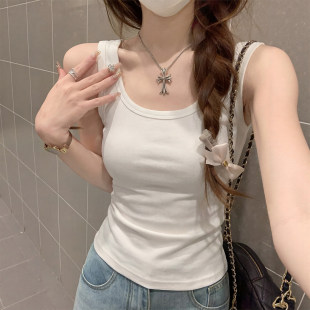 上衣 显瘦无袖 白色辣妹吊带背心女夏新款 带胸垫遮副乳胖mm大码