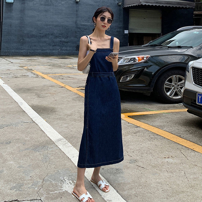 牛仔背带裙女薄款夏装长裙宽松减龄显瘦中长款侧开叉吊带连衣裙子