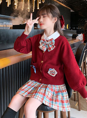儿童小学生童装jk制服裙套装女童学院风秋冬季小女孩三件全套毛衣