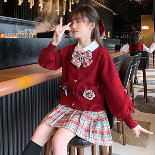 儿童小学生童装jk制服裙套装女童学院风秋冬季小女孩三件全套毛衣