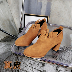 子 靴子短筒马丁靴女鞋 真皮商场撤柜圆头粗跟高跟2024新款 学生春季