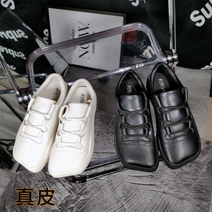 S家真皮ins街拍帆布鞋女鞋丑萌方头单鞋2023新款百搭黑色鞋子板鞋