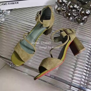 厚底鞋 撤柜2025年夏季 绒面方头一字带设计粗跟露趾高跟鞋 法式 新款
