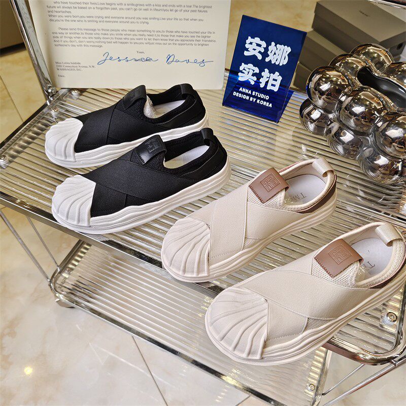撤柜T*牌2024一脚蹬贝壳头单鞋女春秋百搭厚底增高帆布休闲乐福鞋