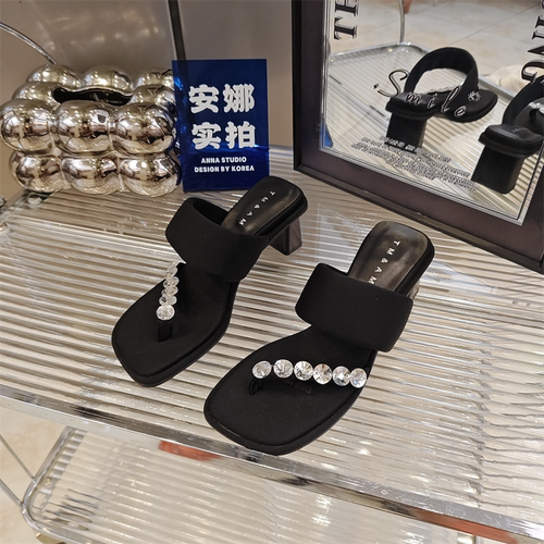 法式水钻套趾粗跟一字凉拖女夏