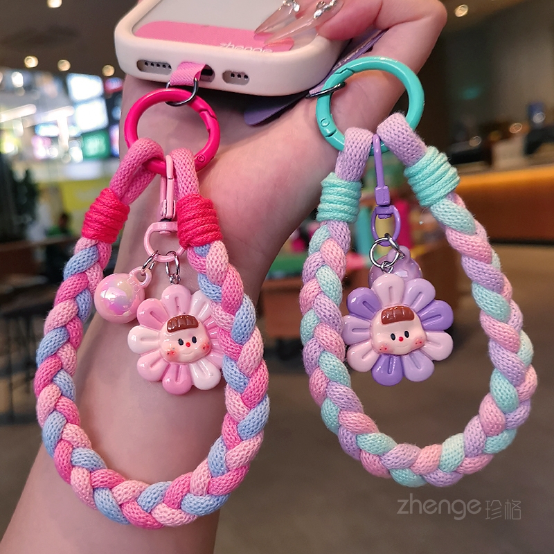 双域可爱手机挂绳女手腕短款撞色编织手绳防丢户外旅游行防掉手提链带子卡通吊坠手机壳电话套挂件吊绳小清新