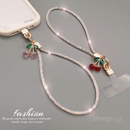 双域闪钻手机挂绳女手腕短款时尚小香风精致高级感潮樱桃吊坠户外旅游出行防丢手提链带子手机壳电话套挂件绳