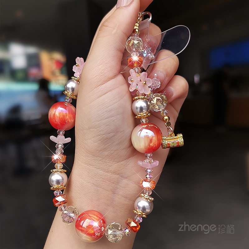 双域平安锁水晶花手机链女手腕挂件精品手作串珠饰品小众高级感短款户外旅游出行防丢手提链高端手机壳挂绳新
