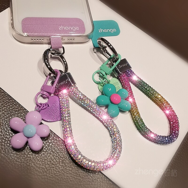 双域多巴胺彩色闪钻指环手机挂绳ins好看小花包挂钥匙坠饰户外旅游出行逛街防丢手提链拇指小吊绳百搭女新款