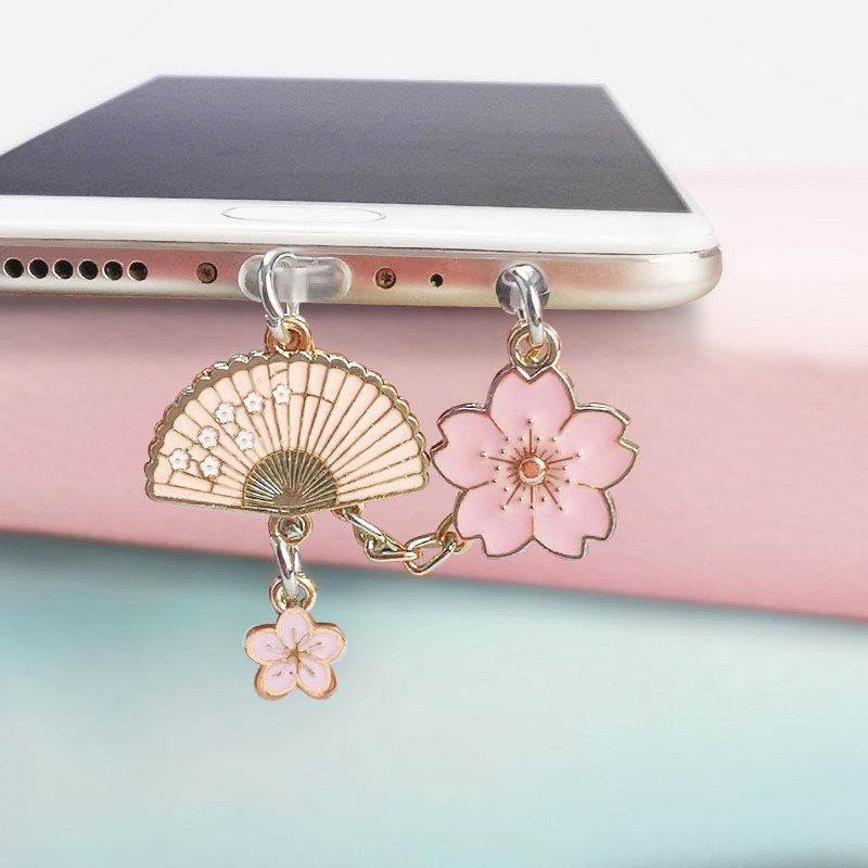 中国风复古扇子樱花手机充电口防尘塞饰品typec花朵挂件iphone苹果