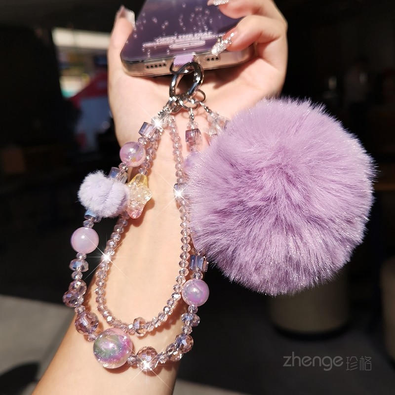 双域带毛球手机链挂绳短款ins高级感紫色水晶串珠挂件女秋冬季户外便携旅游防丢手提腕带电话套壳钥匙通用新