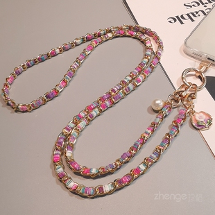 双域手机挂绳斜挎可背金属挂链女长款户外手机壳背带链彩绘布民族风绳子旅游出行逛街包包挂绳链侧背个性肩带