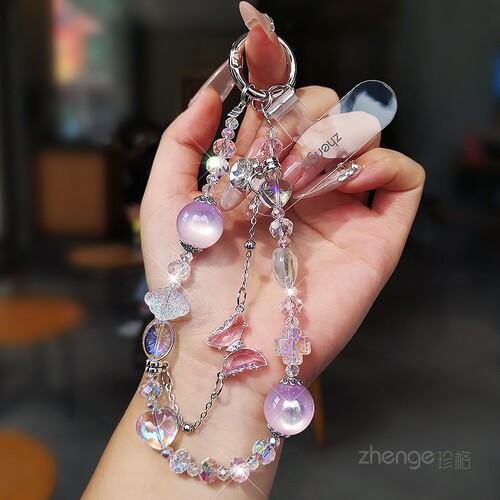 双域心之蝶水晶珠手机链女手腕短款精致高级感手作串珠挂件饰品户外旅游防丢手提链带子电话套壳手机挂绳新品