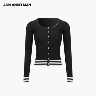 ANN ANDELMAN巨好看的早秋上衣黑白条纹下摆薄款毛衣女针织开衫