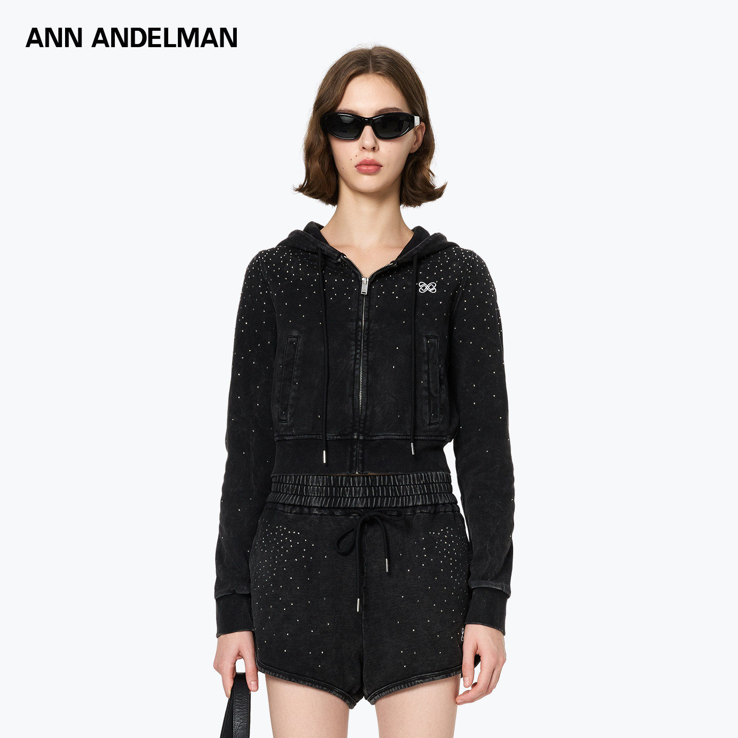 ANN ANDELMAN 2025秋季新品洗水烫钻连帽卫衣+短裤两件套,女装/女士精品,卫衣/绒衫,淘宝优惠券,粉丝福利购,淘宝优惠卷