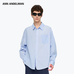 上衣 中性风休闲情侣翻领外穿长袖 ANN ANDELMAN条纹拼接宽松衬衫