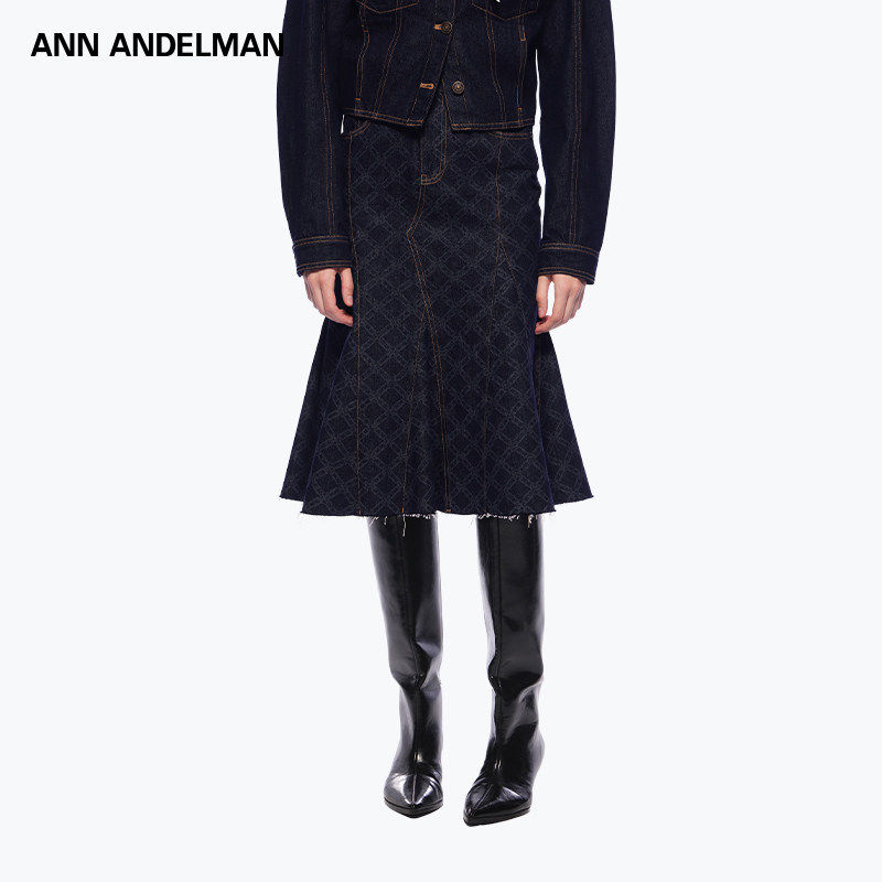 ANN ANDELMAN 原牛镭射烧花水洗牛仔鱼尾裙半身裙长款毛边