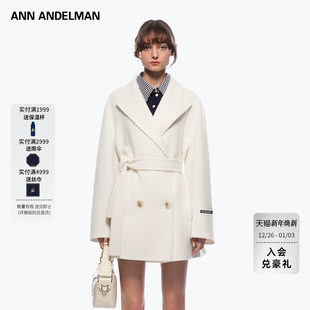 沈月同款ANN ANDELMAN翻领双面呢大衣女秋冬双排扣腰带中长款外套