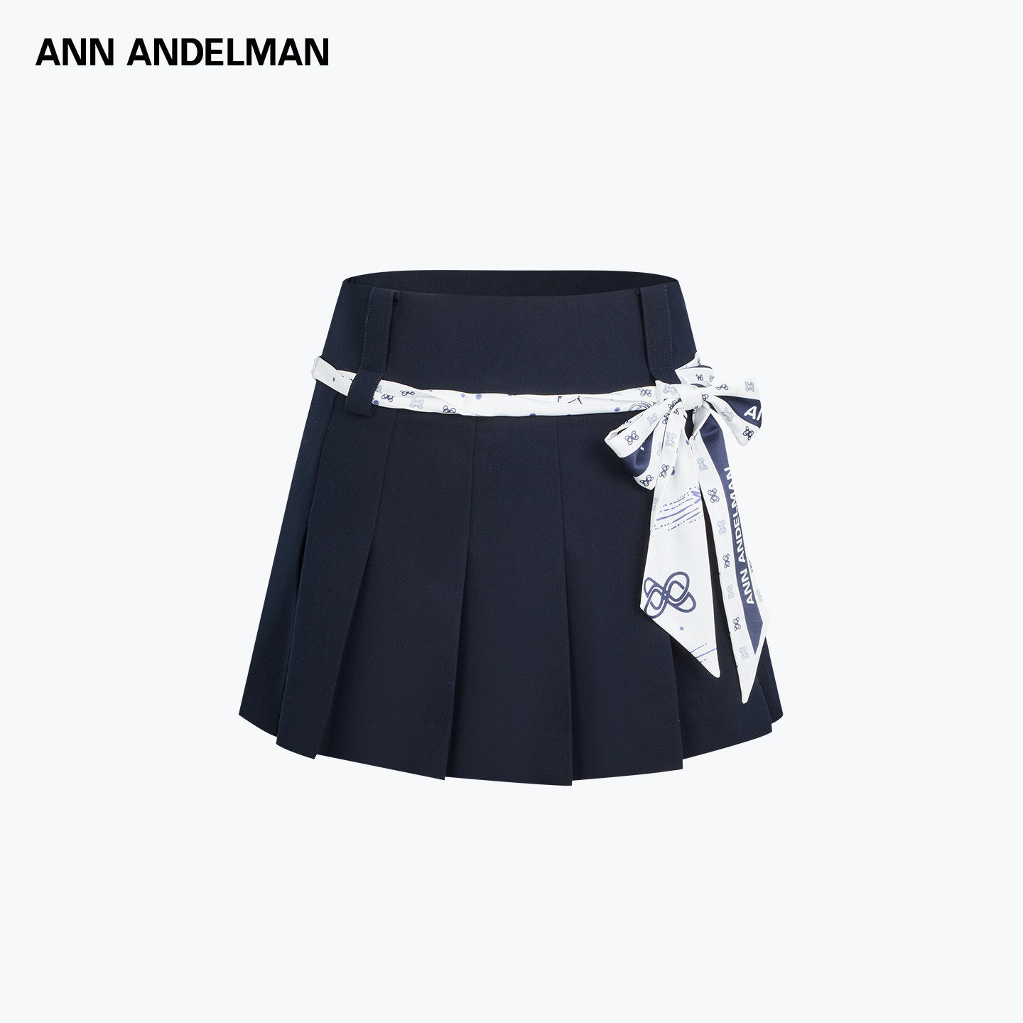 ANN ANDELMAN2026夏季新款丝巾绑带百褶裙女装藏蓝色蝴蝶结半身裙