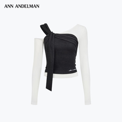 ANN ANDELMAN2026夏季新款拼色假两件扭结上衣设计感休闲露肩长袖