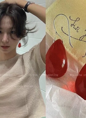 fever同款红色水滴耳环女2024新款网红耳钉温柔气质显白琉璃耳饰