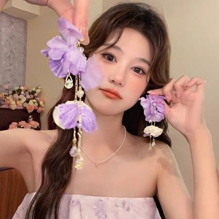 花媚无期~紫色流苏花朵耳环女2026新款爆款高级感度假风耳钉耳饰