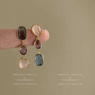 不对称彩色宝石耳环银针中古撞色耳钉小众设计感高级秋冬耳饰耳坠