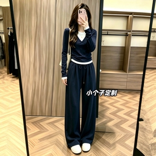 适合150小个子女装穿搭一整套2026秋季阔腿运动卫裤两件套装XS145