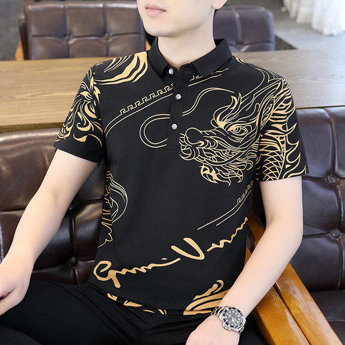 夏季男士短袖polo衫中国龙图腾痞帅民族风半袖T恤翻领薄款上衣服