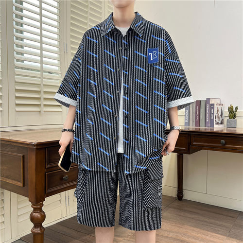 夏季青少年学生短袖衬衫短裤两件套装国风大码半袖五分裤衬衣套装