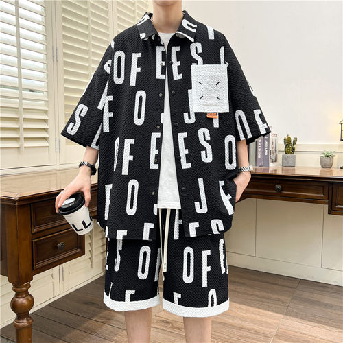 夏季新款青少年学生字母碎花衬衫短袖短裤两件套装加大码半袖衬衣