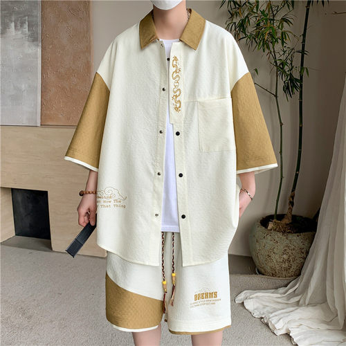 夏季新款港风青少年学生短袖短裤两件套男大码半袖翻领半袖上衣服